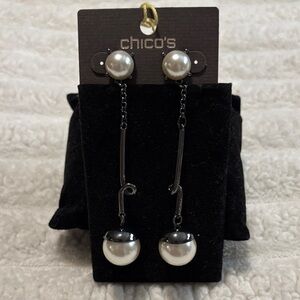 Chico's Black Metal and White Pearl Long Drop Earrings